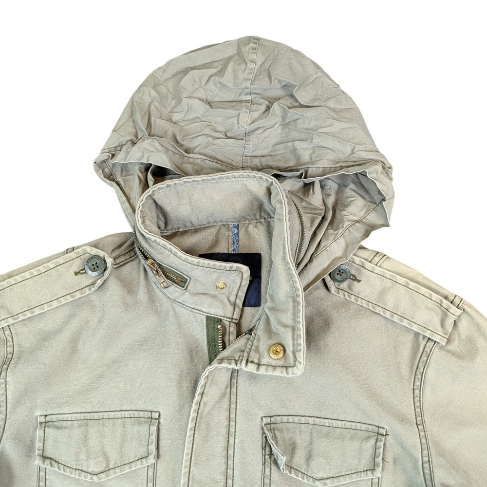American Eagle Mens Small Military Field Jacket Olive Green Stowaway Hood Cotton